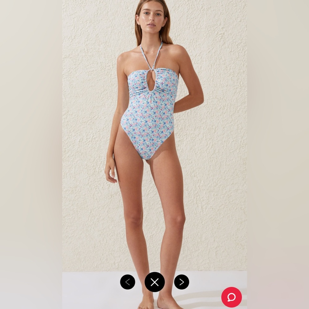 Cotton On Body- Blue Floral Halter Deep V One Piece Brazilian Cut Swimsuit S NWT